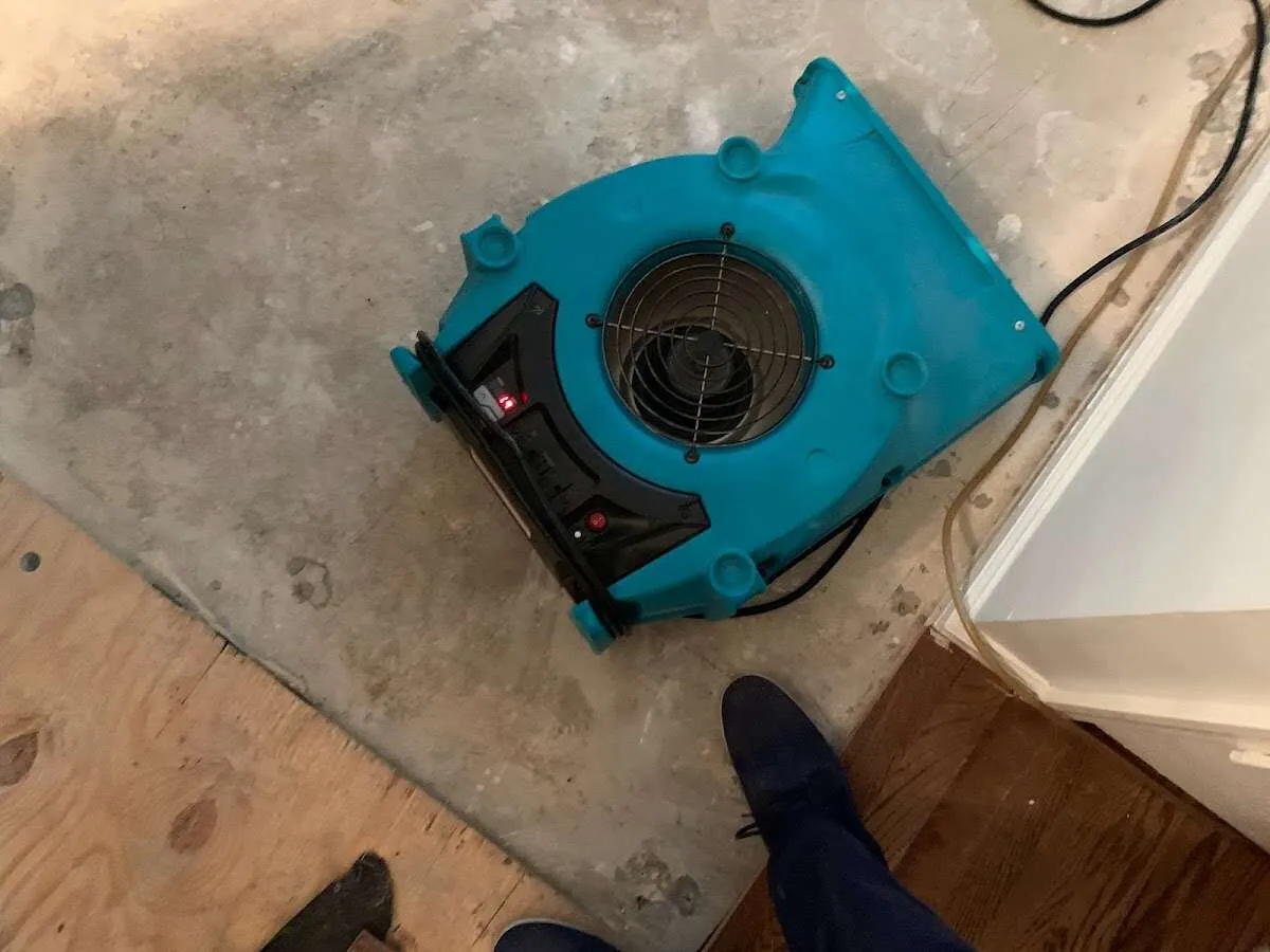 Air mover drying subfloor during Commercial Water Damage Restoration in Keansburg